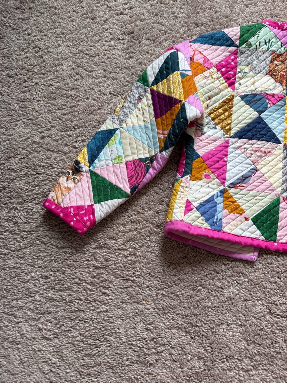 Girls handmade Colorful Triangle Patchwork Quilted Jacket with Kitty cat print - Picture 8 of 13
